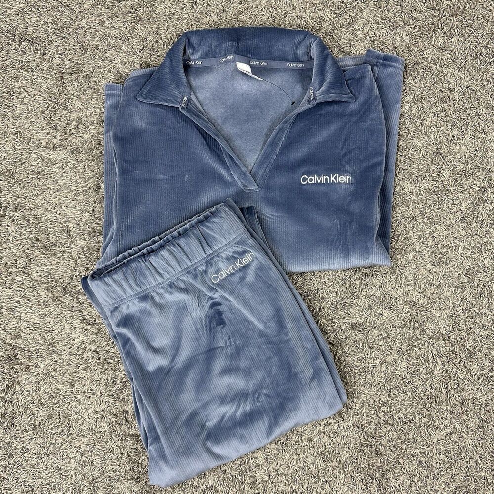 Calvin Klein Velour 2pc Sleepwear Set Signature Logo Pajama Blue Men Size XL